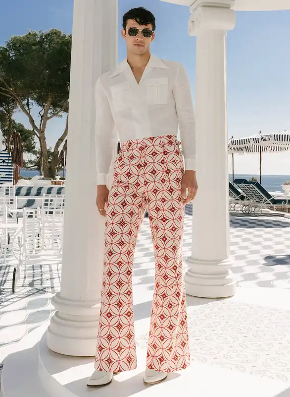 Ivory Geometric High Waisted Side Buckle Linen Trousers