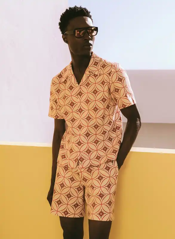 Off White Linen Geometric Side Buckle Shorts - Trousers