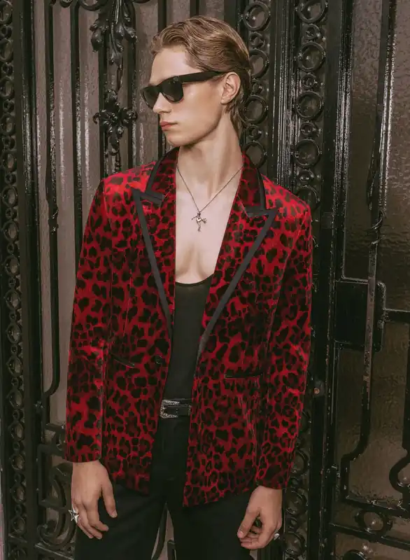 Red Velvet Leopard Print Blazer With Black Satin Lapel Trim - Jackets & Coats