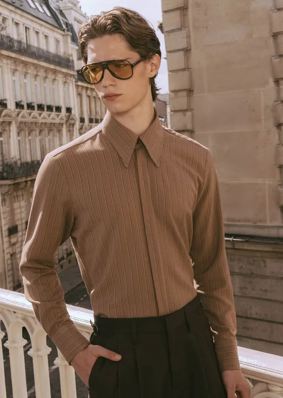 Brown Pinstripe Point Collar Shirt - Shirts