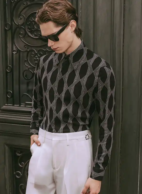 Black Geometric Interlock Viscose Shirt - Shirts