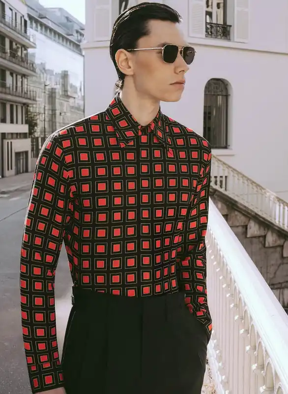 70s Burnt Orange Geometric Square Viscose Shirt - Shirts