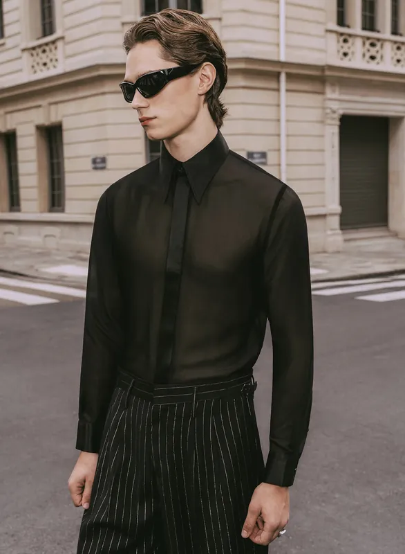 Black Silk Semi Sheer Chiffon Shirt - Shirts