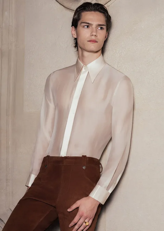 Ivory Silk Viscose Semi Sheer Chiffon Shirt - Shirts