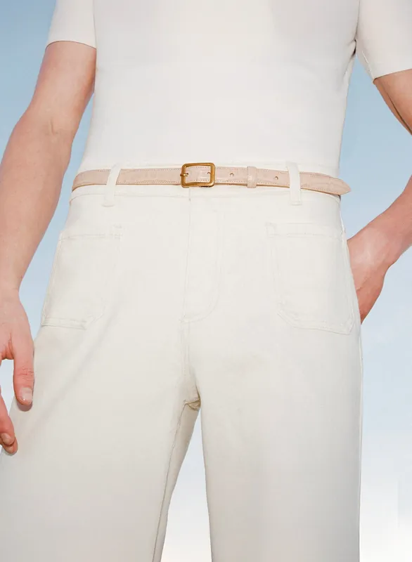 Beige Croc Effect Leather Square Buckle Belt - Belts