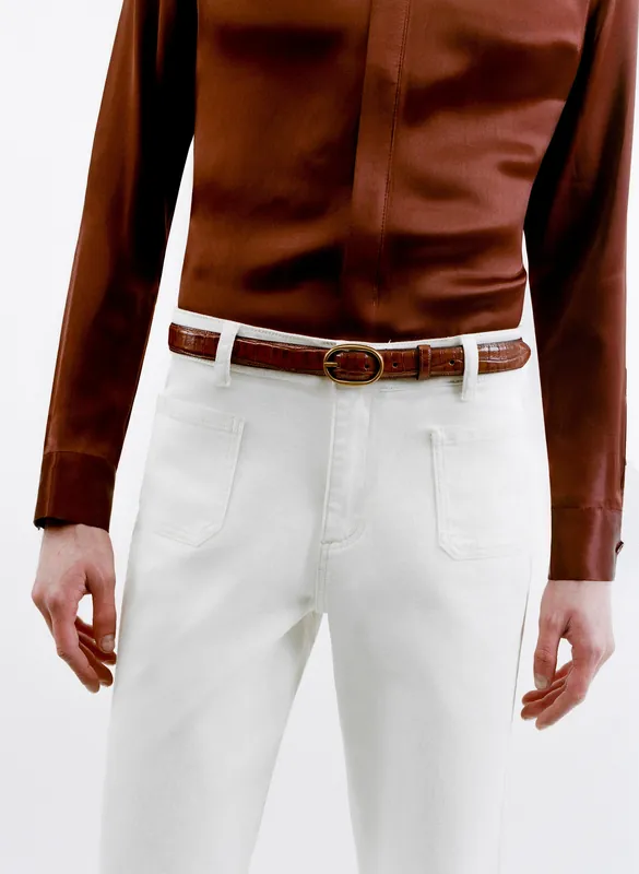 Brown Croc Effect Leather Round Gold Buckle Belt - Belts