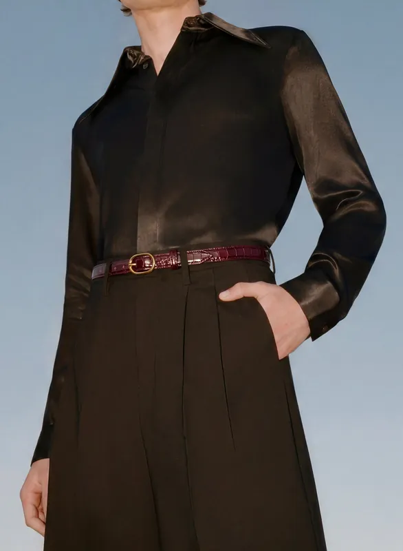 Burgundy Croc Effect Leather Round Gold Buckle Belt - Belts