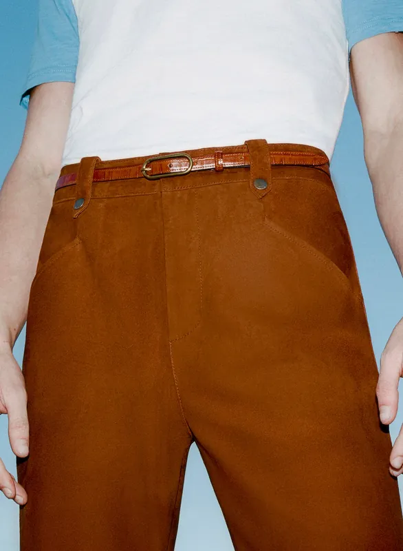 Brown Slim Leather Oval Buckle Belt - Belts