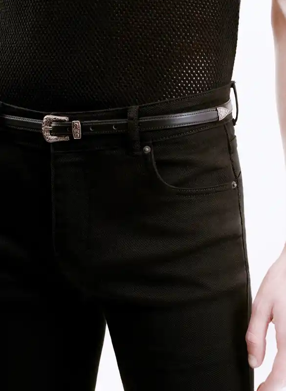 Black Leather Slim Western Buckle Belt - Belts