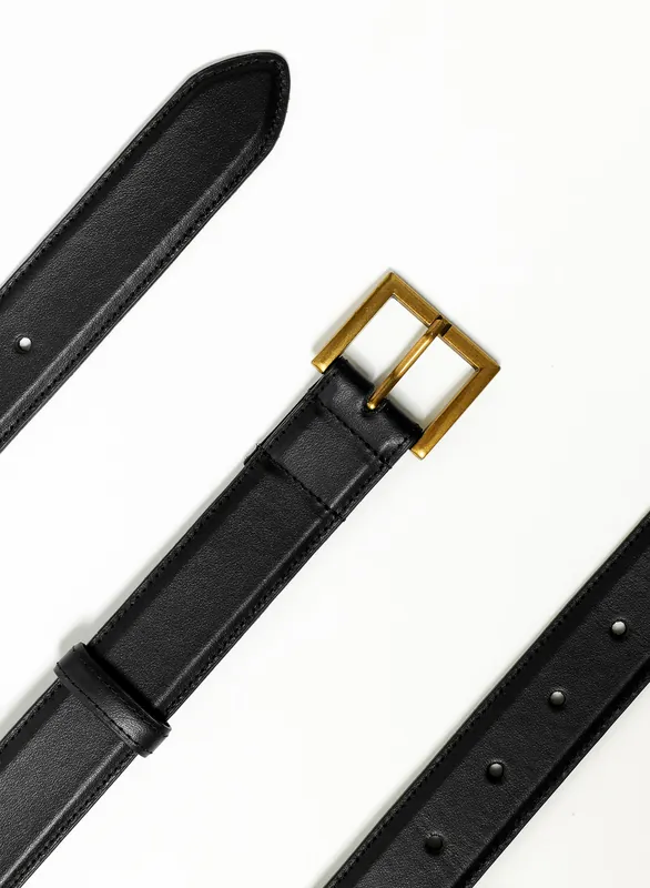 Black Leather Square Gold Buckle Belt - Belts