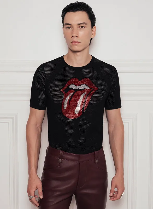 Phix X Rolling Stones Black Rhinestone Tongue Top - Shirts