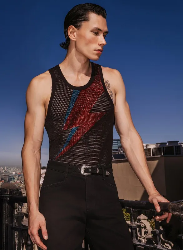 Phix X David Bowie Bolt Rhinestone Vest - Shirts