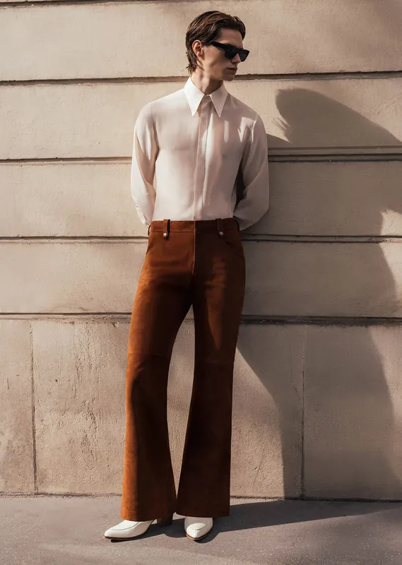 Brown Suede Leather Pin Belt Flare - Trousers