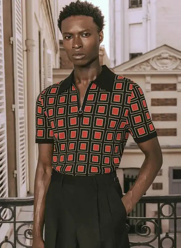 70s Burnt Orange Geometric Square Zip Knitted Polo - Shirts