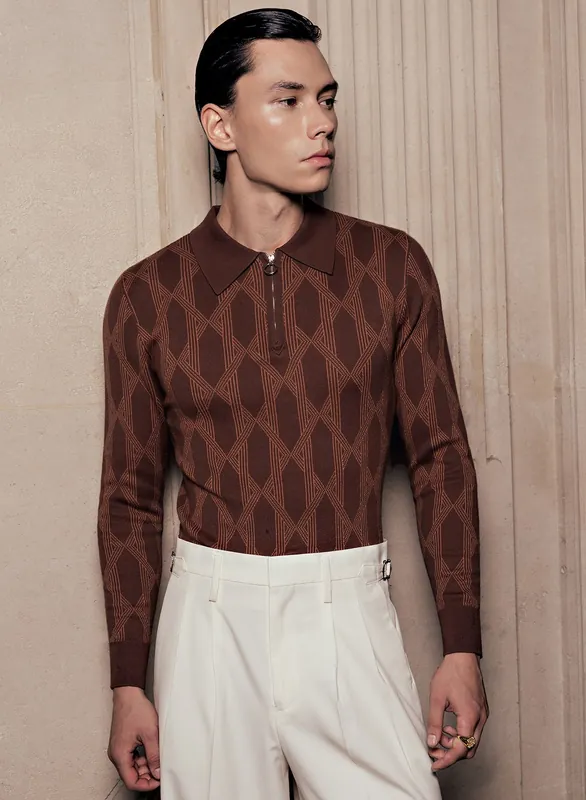 Brown Geometric Interlock Print Long Sleeve Knitted Polo - Shirts