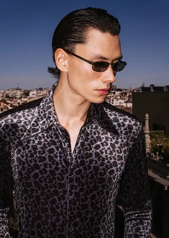 Blue Leopard Dagger Collar Velvet Shirt - Shirts