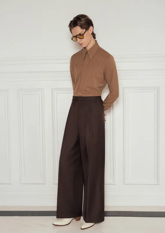 Brown High Waisted Side Buckle Flare Trousers