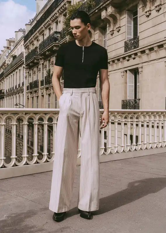Ivory Pinstripe Herringbone High Waisted Side Buckle Flare Trousers