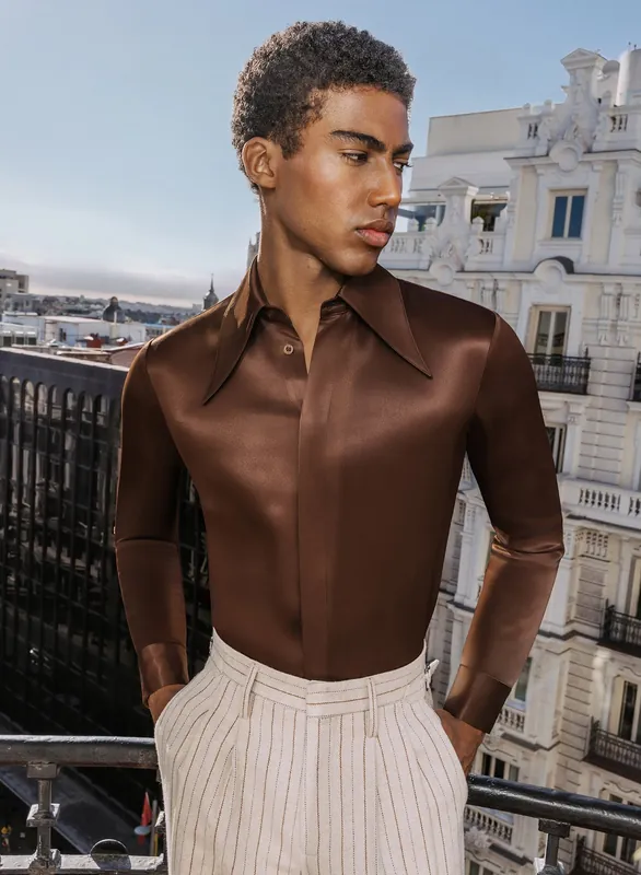 Brown Vintage Rust Viscose Dagger Collar Shirt - Shirts