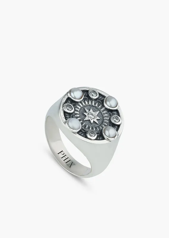 Silver Pearl & Crystal Signet Ring - Rings