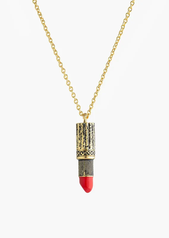 Gold Vintage Lipstick Pendant Necklace - Necklaces