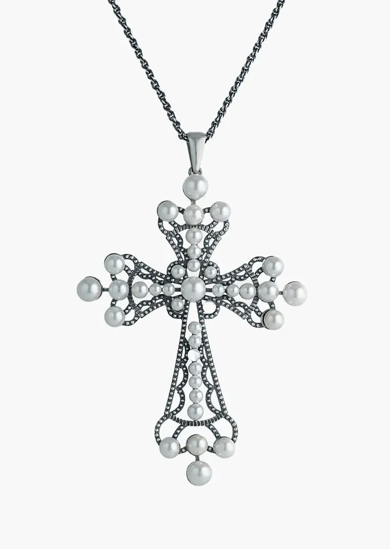 Silver Pearl Cross Necklace - Necklaces