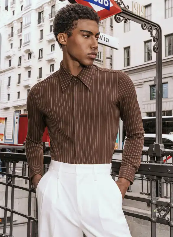 Dark Brown Pinstripe Point Collar Shirt - Shirts