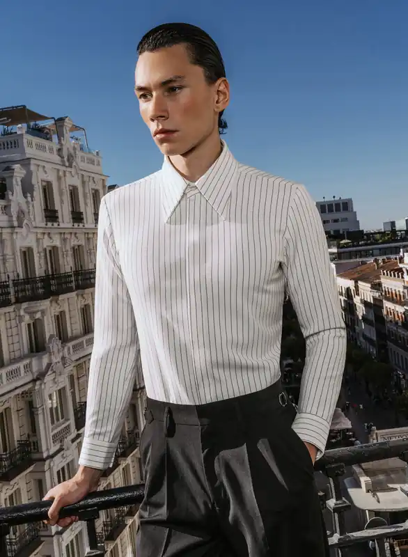 White Pinstripe Point Collar Shirt - Shirts