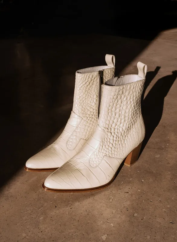Angie Off White Croc Effect 60MM Leather Boot - Footwear