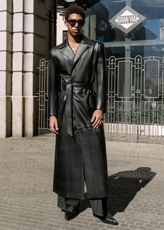 Double-Breasted Leather Long Trench Coat