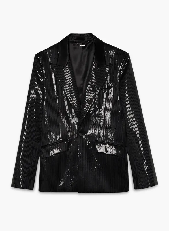 Black Sequin Peak Satin Blazer - Jackets & Coats