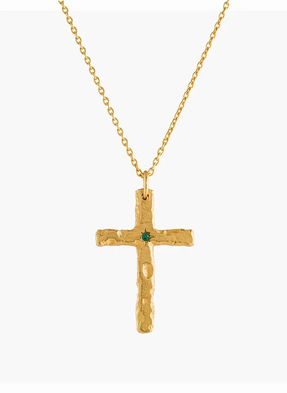 Gold Saint Cross Emerald Pendant Necklace - Necklaces