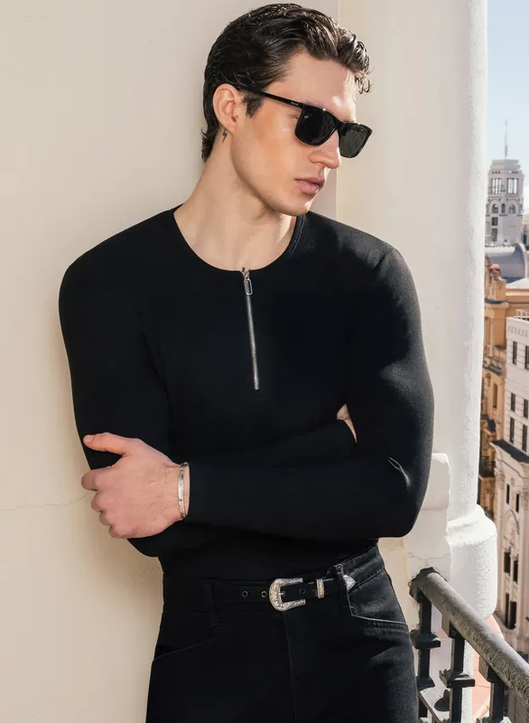 Black Long Sleeve Ribbed Zip Henley Shirt - Shirts