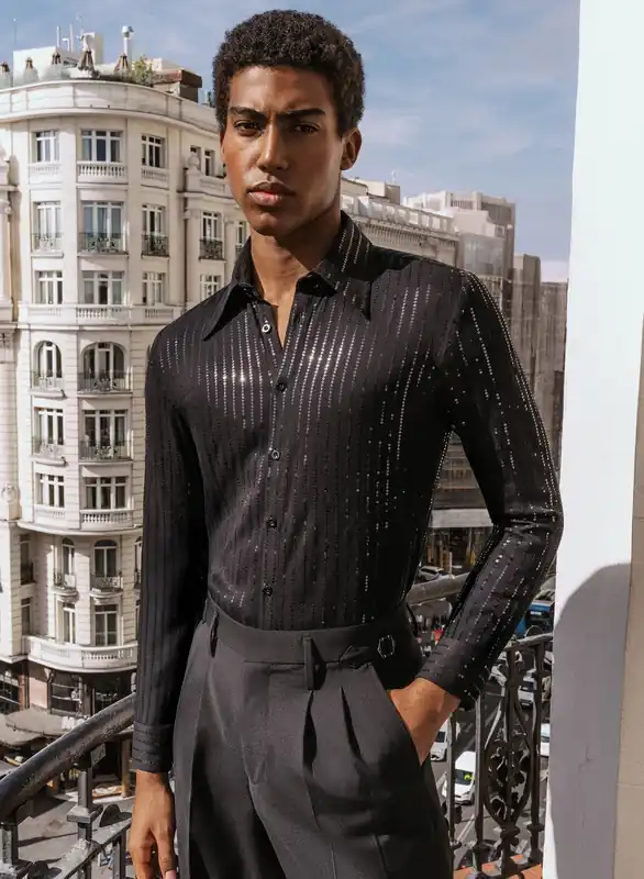 Black Viscose Sequin Pinstripe Shirt - Shirts