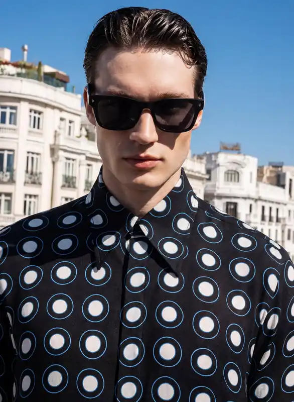 Black Geometric Circle Viscose Shirt - Shirts