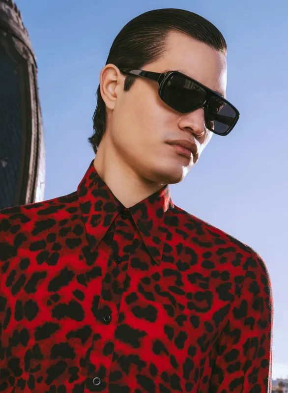 Red Leopard Point Collar Viscose Shirt - Shirts