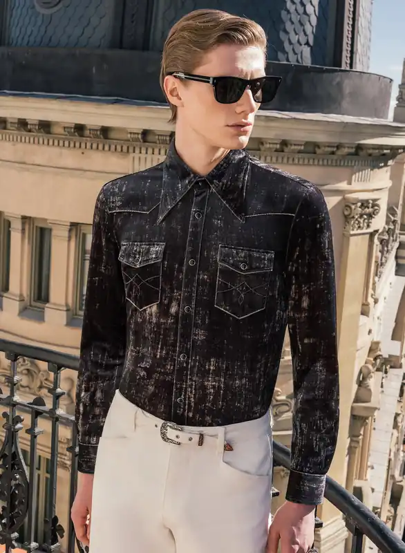 Charcoal Black Velvet 70s Western Dagger Collar Shirt - Shirts