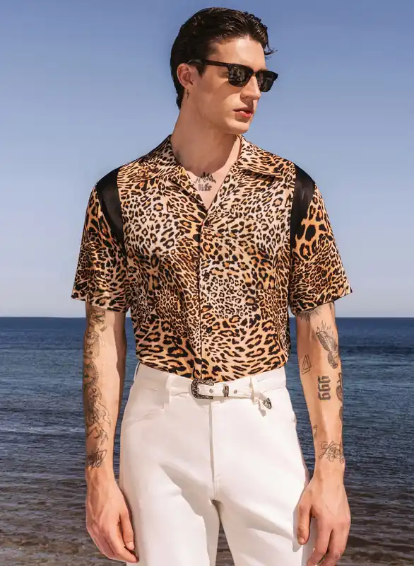 Leopard Print Black Panel Cuban Collar Viscose Shirt - Shirts