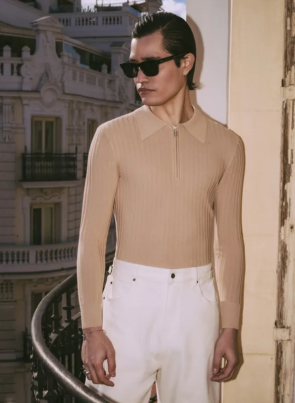Riviera Silk Blend Tan Ribbed Zip Polo - Shirts