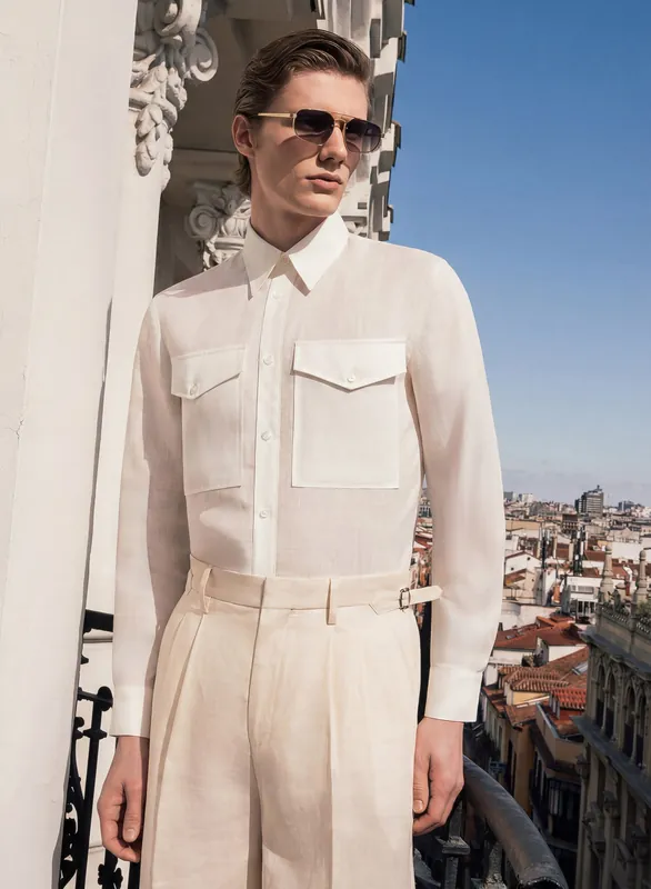 White Pure Linen Double Chest Pocket Shirt - Shirts