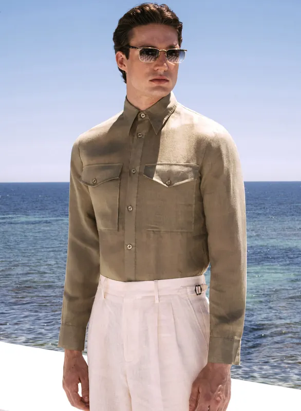 Olive Pure Linen Double Chest Pocket Shirt - Shirts