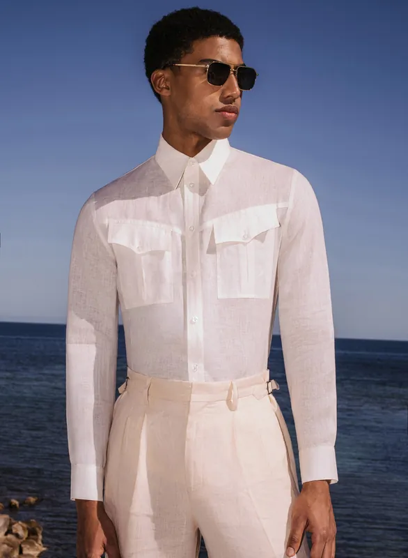 White Pure Linen Western Pocket Shirt - Shirts