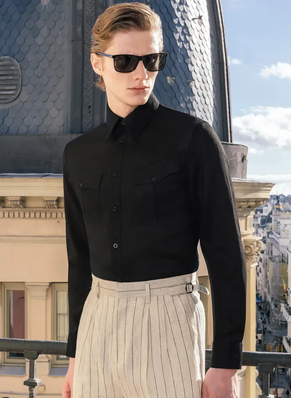 Black Pure Linen Western Pocket Shirt - Shirts