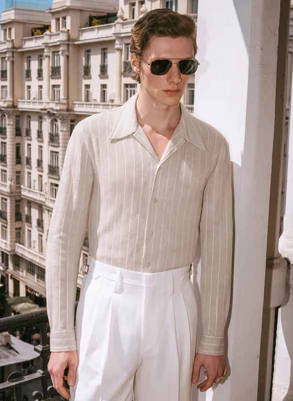 Ivory Linen Pinstripe Cuban Long Sleeve Shirt - Shirts