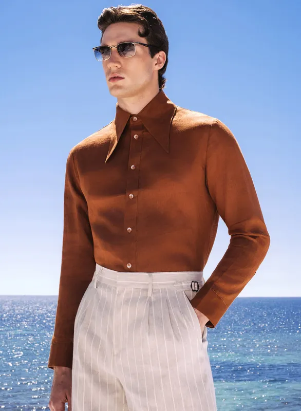 Rust Orange Pure Linen Dagger Collar Shirt - Shirts