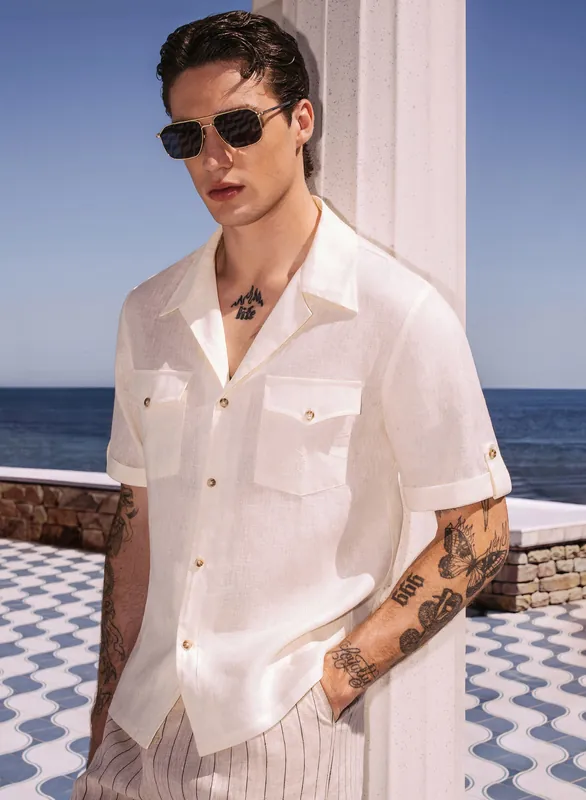 White Pure Linen Double Pocket Cuban Shirt - Shirts