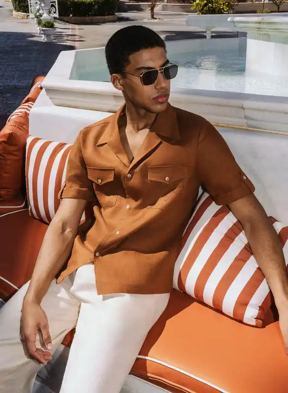 Orange Pure Linen Double Pocket Cuban Shirt - Shirts