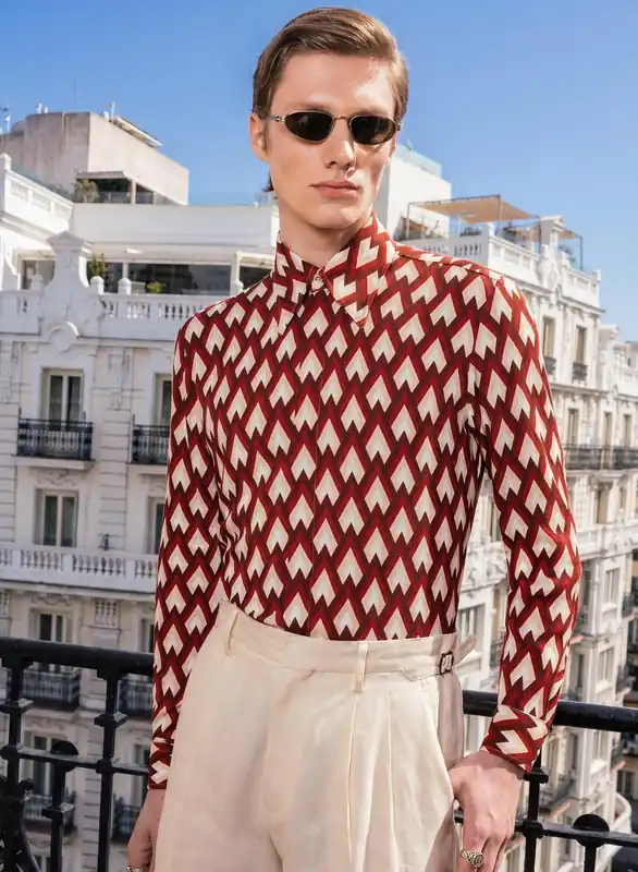 Burgundy Geometric Print Viscose Shirt - Shirts