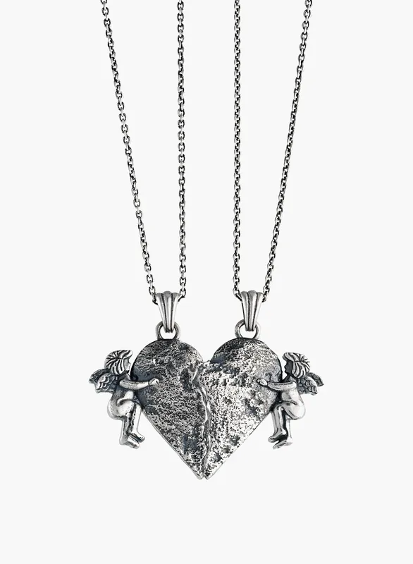 Silver Twin Hearts Lovers Pendant - Necklaces