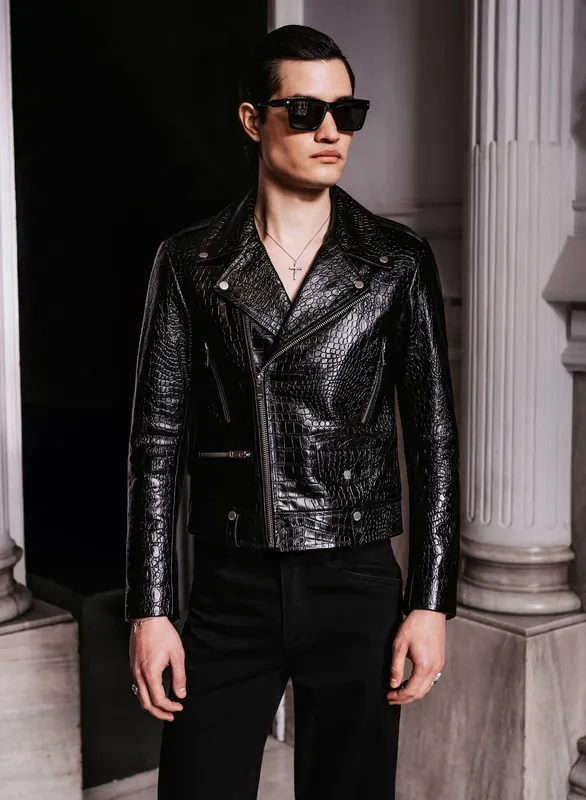 Black Cropped Croc Effect Leather Biker Jacket - Jackets & Coats